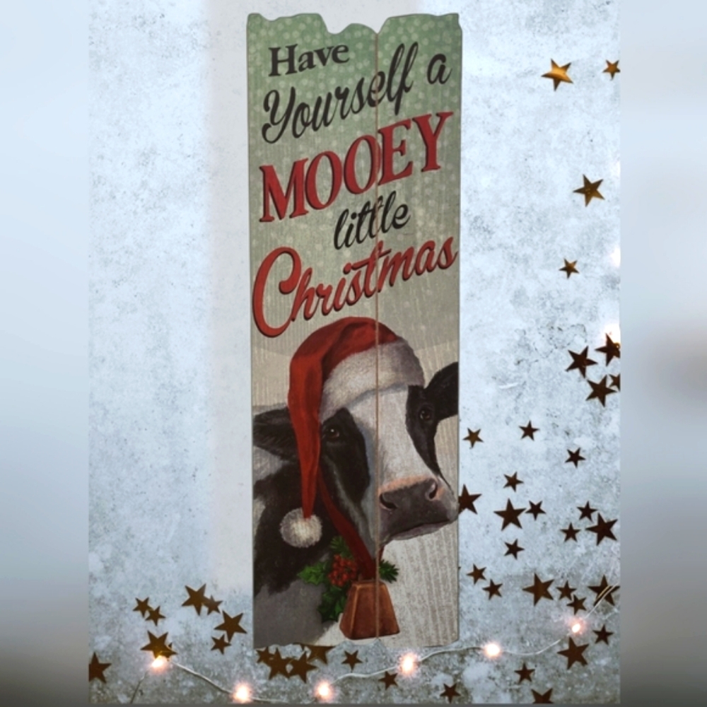 23" Jersey Cow "Mooey Little Christmas" Wall Board Picture - Picture 2 of 8